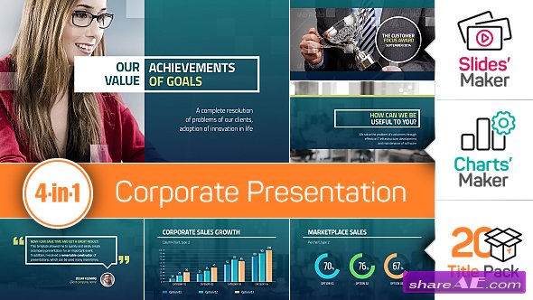 Videohive 4-in-1: Corporate Presentation + Slides' Maker, Charts' Maker and Title Pack